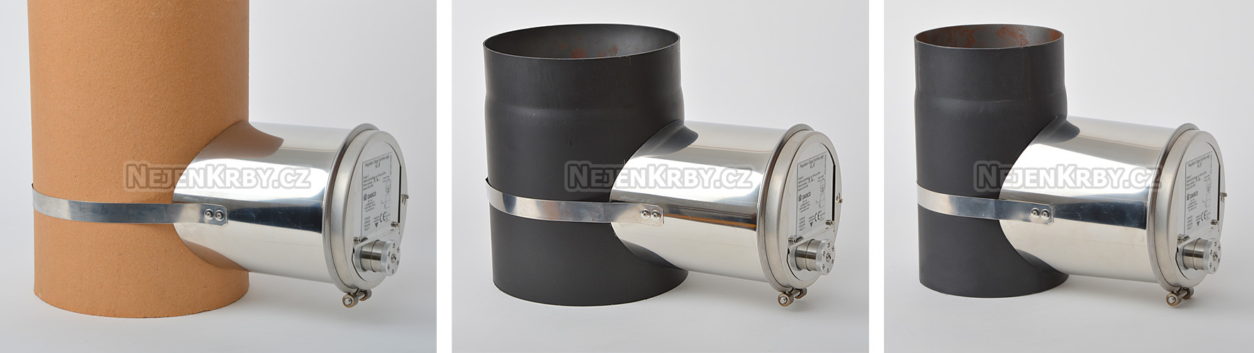Regulátor na šamotovém průduchu 200 mm (vnější průměr 220 mm) a na trubce kouřovodu 200 mm a 150 mm